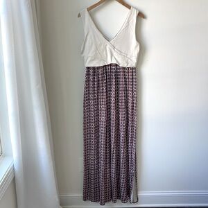 Maeve Anthropologie Elysian Maxi Dress Cream Pink Geometric Design Flowy Size L